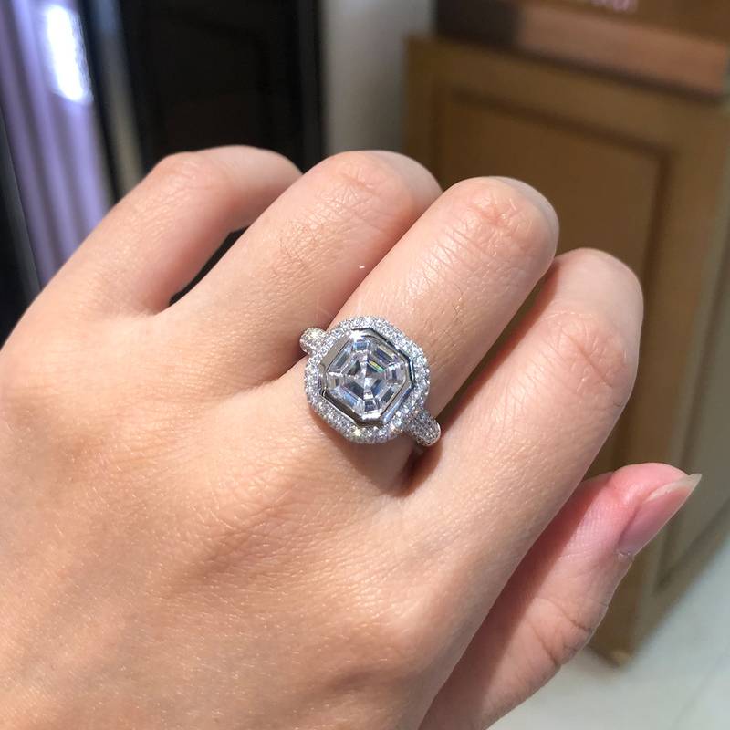 豪华款阿斯切方钻Women's RingS925银镀白金定制选款主石Moissanite2.5ct/副石高碳钻